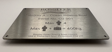 Ocean rowing boat registration and makers plate in stainless steel
